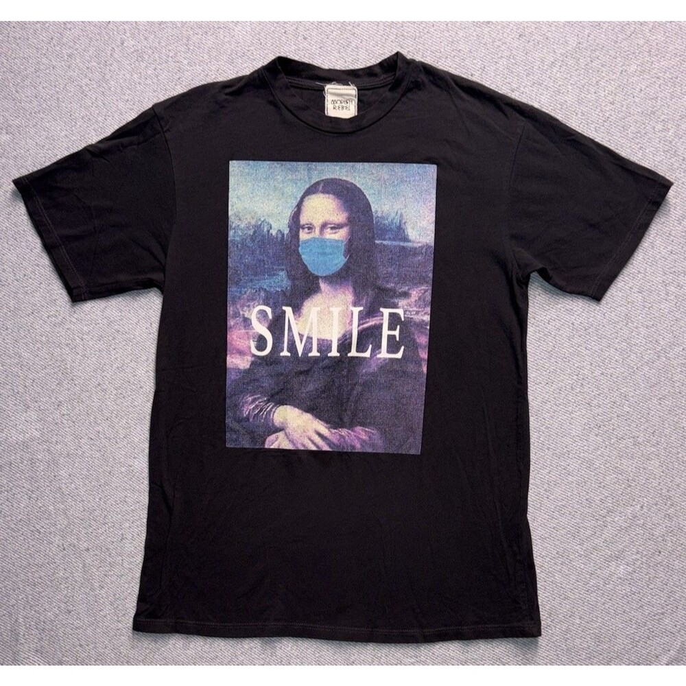 Modish Rebel Mona Lisa "SMILE" Graphic T-Shirt - Masked Art - Size S Made In USA
